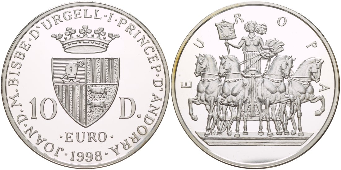Андорра 10 динеров 1998 Финикийская принцесса Европа, на квадриге KM 151 серебро PROOF 1088-9-41