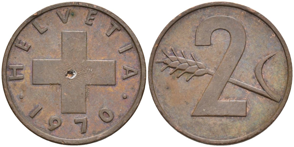 Швейцария 2 раппена 1970 KM 47 бронза 4592-641