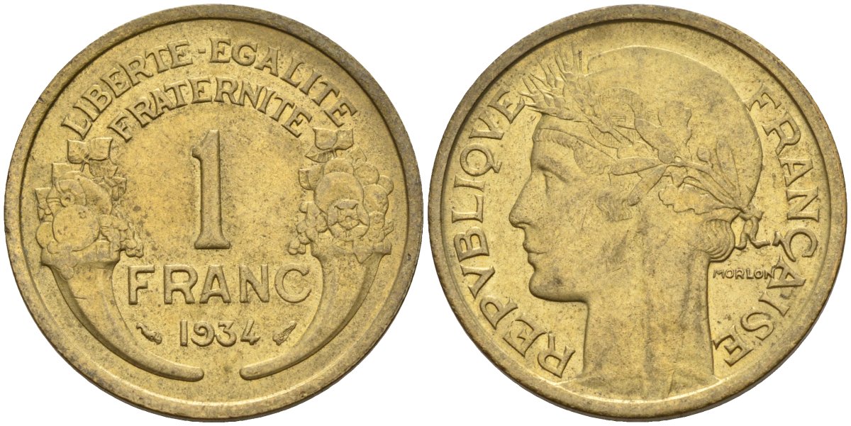 Франция 1 франк 1934 KM 885, Le Franc 219.2 алюминиевая бронза 4142-825