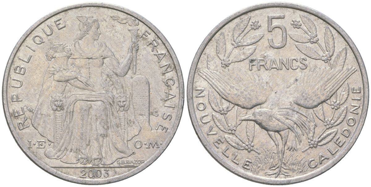 Французская Новая Каледония 5 франков 2003 птица кагу, (IEOM) KM 16, Schoen 12, Lec 81h алюминий 189-1126