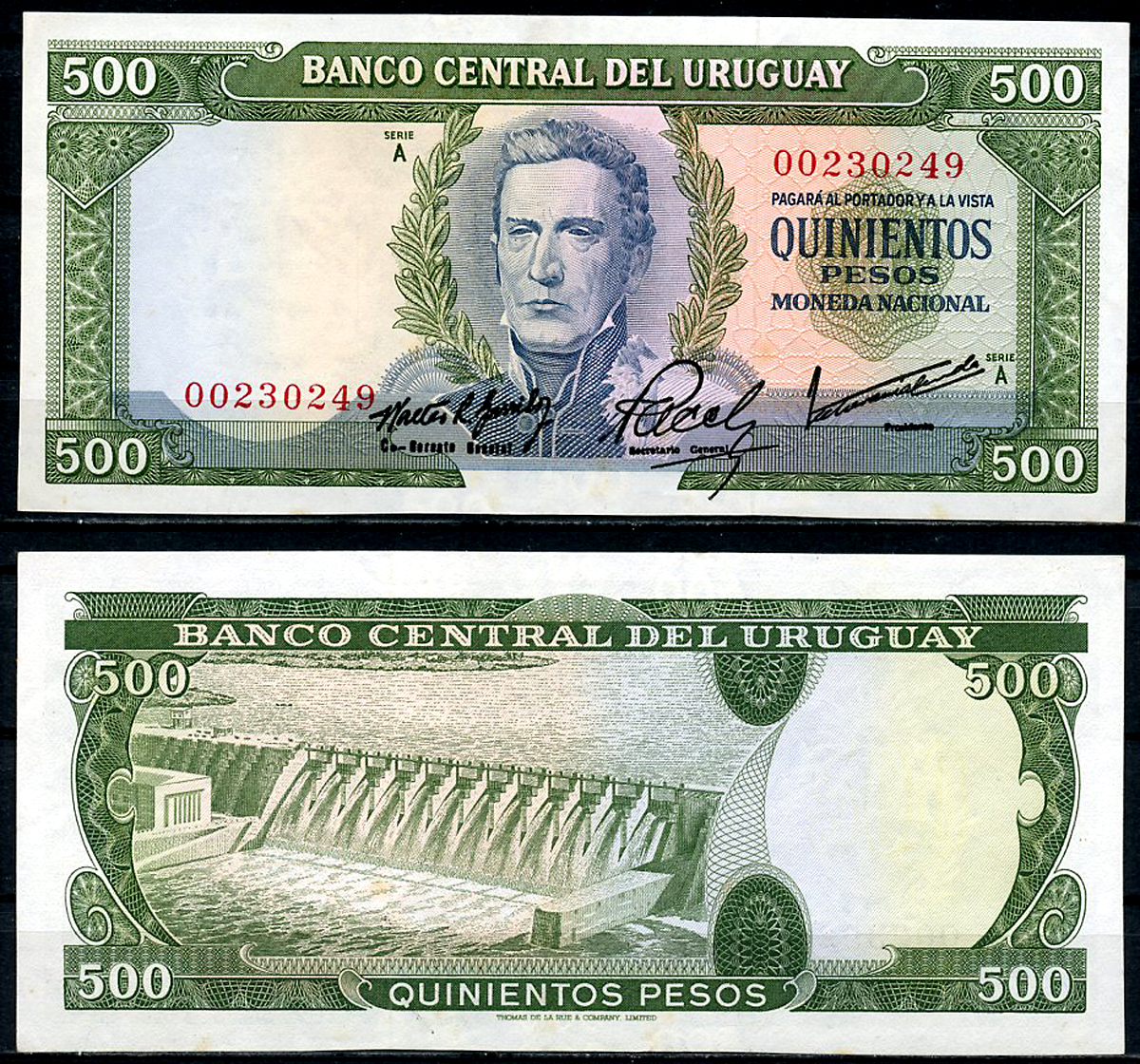 Уругвай 500 песо ND (1967) Хосе Хервасио Артигас, плотина ГЭС с водохранилищем Ринкон-дель-Монте на Рио-Негро, номер 002 Pick 48 a (1)  бумага   451-447-3