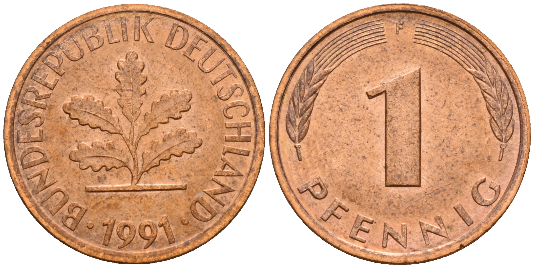 ФРГ 1 пфенниг 1991 F KM 105, J. 380 сталь плакированная медью    4598-665