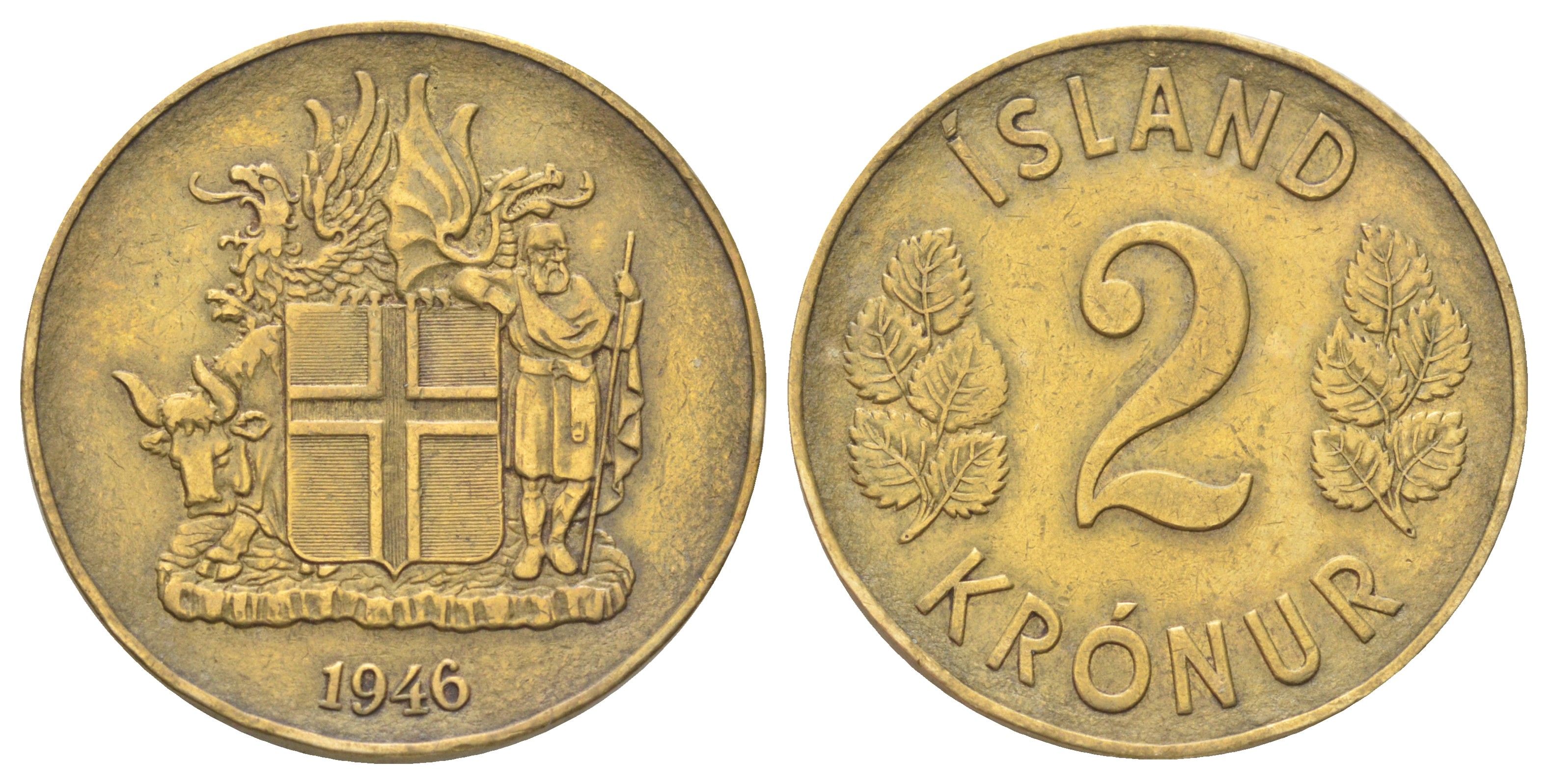 Исландия 2 кроны 1946 год-тип KM 13 алюминиевая бронза 4666-912