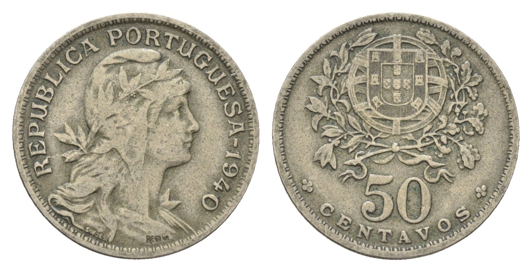 Португалия 50 сентаво 1940 голова Свободы вправо KM 577 никель латунь 4659-631