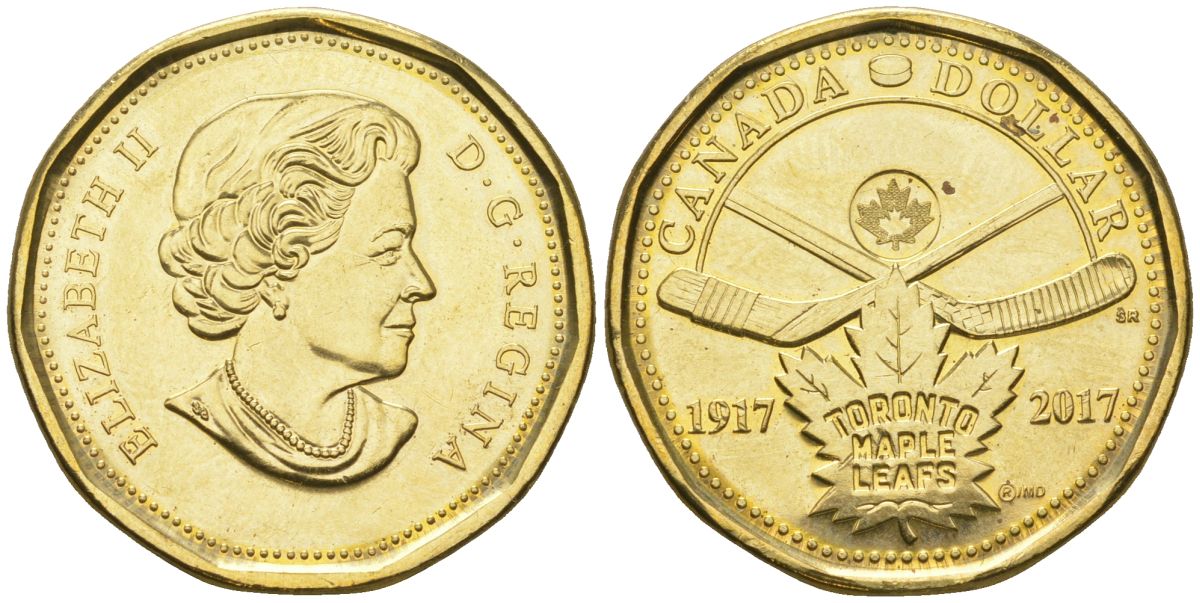 Канада 1 доллар 2017 100 лет хоккейному клубу Toronto Maple Leafs, Елизавета II (1952-2022) KM 2313 никель плакированный бронзой UNC 4140-426