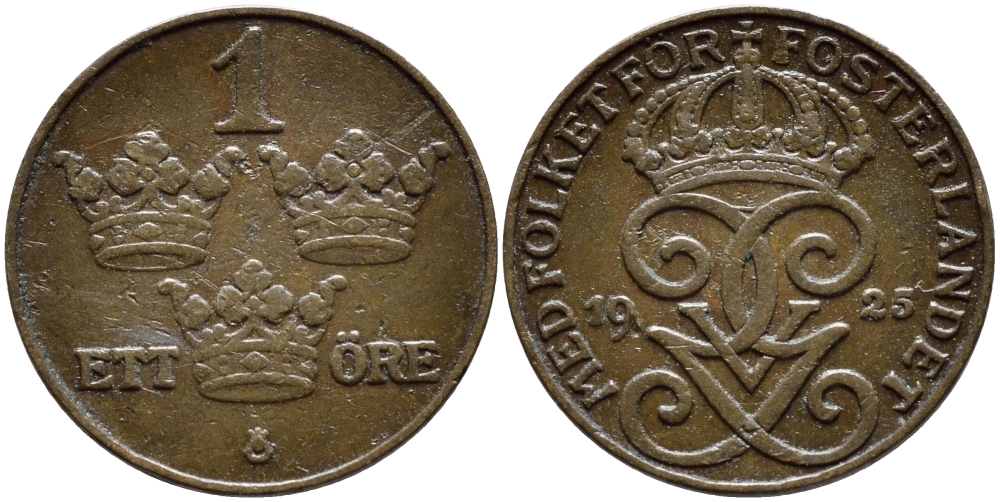 Швеция 1 эре 1925 Густав V (1907-1950) KM 777.2 бронза 4396-163