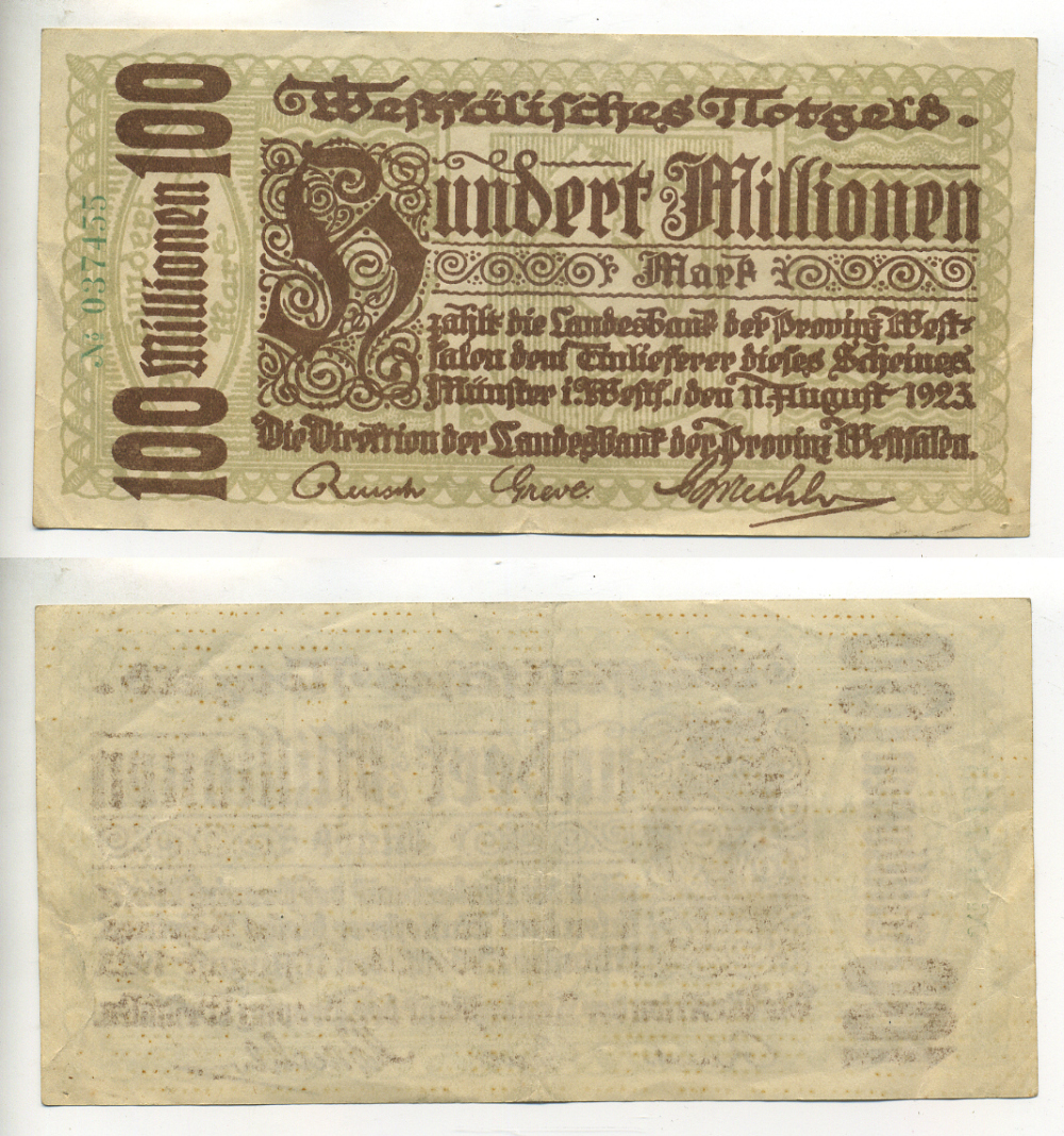 Германия, Мюнстер 100000000 марок 1923 нотгельд, 11 августа 1923, земля Северный Рейн-Вестфалия бумага 7217-89-3-2