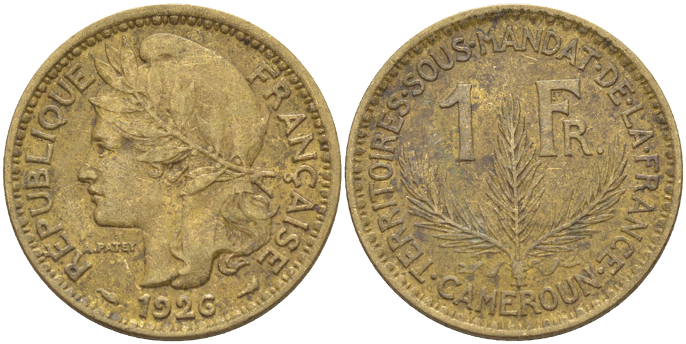 Французский Камерун 1 франк 1926 (а), монетный двор Париж KM 2 алюминиевая бронза 63-1232