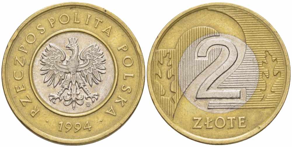 Польша 2 злотых 1994 MW KM 283 биметалл 60-355