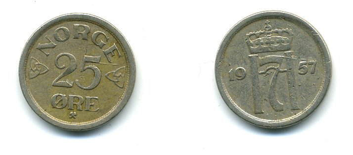 НОРВЕГИЯ 25 ЭРЕ 1957 KM 401 медно-никель 4364-944