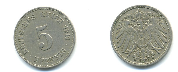 Германия 5 пфеннигов 1911 J KM 11, Jager 12, Weege 6 медно-никель 4379-554