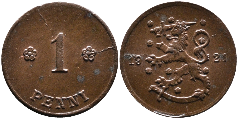 ФИНЛЯНДИЯ 1 ПЕННИ 1921 KM 23 медь 4387-367