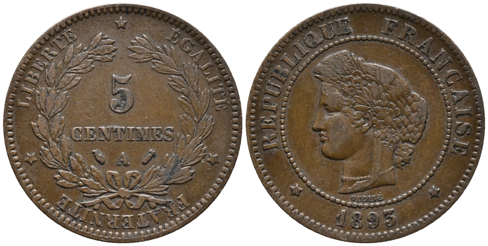 ФРАНЦИЯ 5 САНТИМОВ 1893 А, ТРЕТЬЯ РЕСПУБЛИКА (1871-1940) KM 821.1, LE FRANC 118.36 бронза 67-112