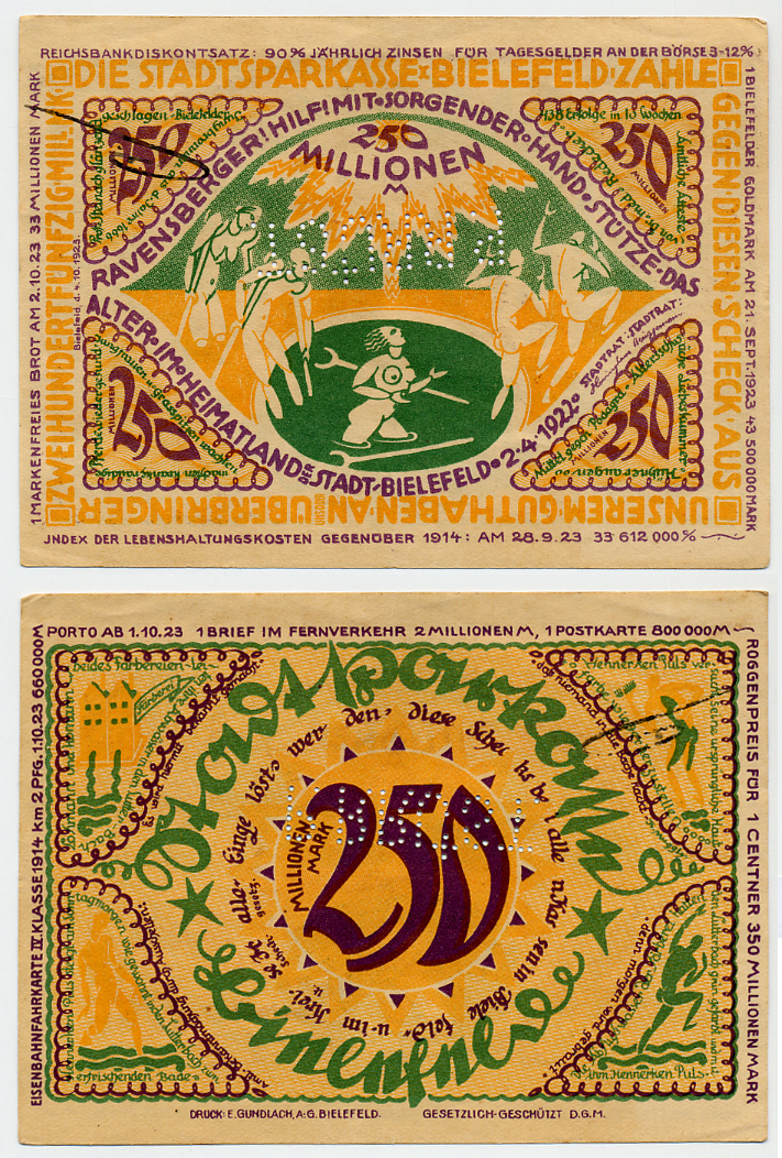 БИЛЕФЕЛЬД 250000000 МАРОК 1922 НОТГЕЛЬД, 2 АПРЕЛЯ 1922, ПЕРФОРАЦИЯ PRUTS, ЗЕМЛЯ СЕВЕРНЫЙ РЕЙН-ВЕСТФАЛИЯ бумага 6289-16-2