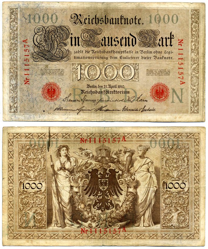 Германия 1000 марок 1910 21 апреля 1910, красная печать, номер семизначный, серия A, буква N, выпуск 1917 Pick 44, Роземберг 45b бумага VF 2194-23-2-2