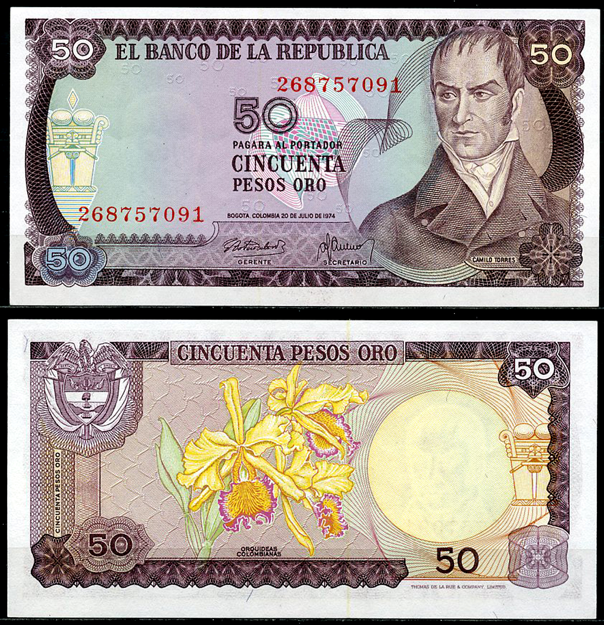 Колумбия 50 песо 1974 Камило Торрес Тенорио, орхидеи  Pick 414  бумага  UNC (пресс) 444-25-1-2