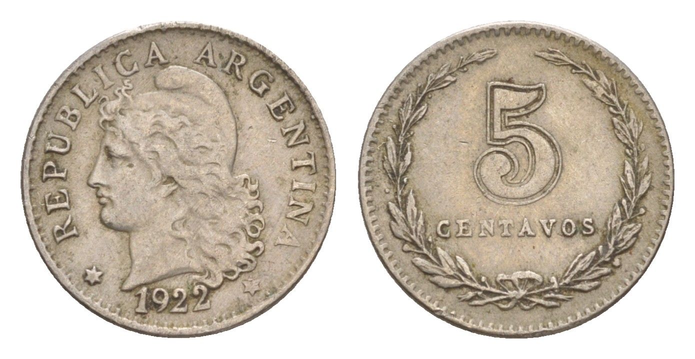 Аргентина 5 сентаво 1922 KM 34 медно-никель 4649-932