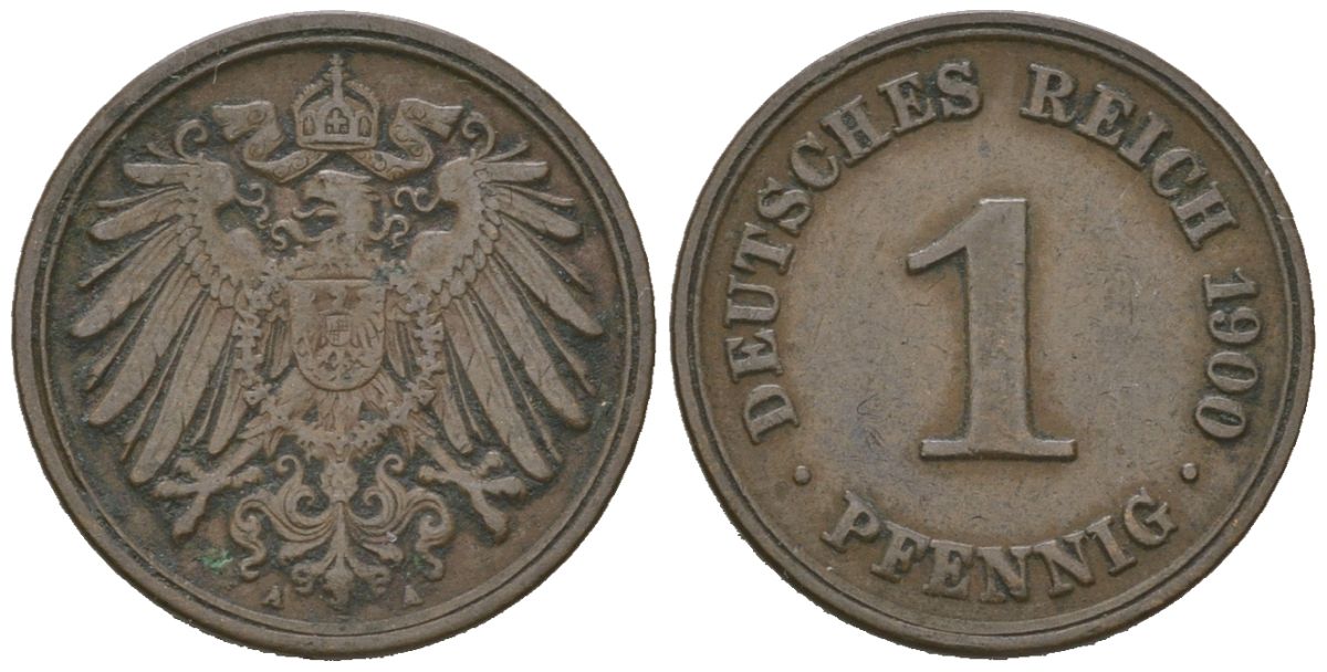 Германия 1 пфенниг 1900 A, Вильгельм II (1888-1918) KM 10, J. 10, Weege 2 медь 4615-215