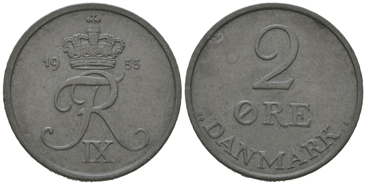 Дания 2 эре 1955 N; S, Кристиан X (1912-1947) KM 840 цинк 213-126