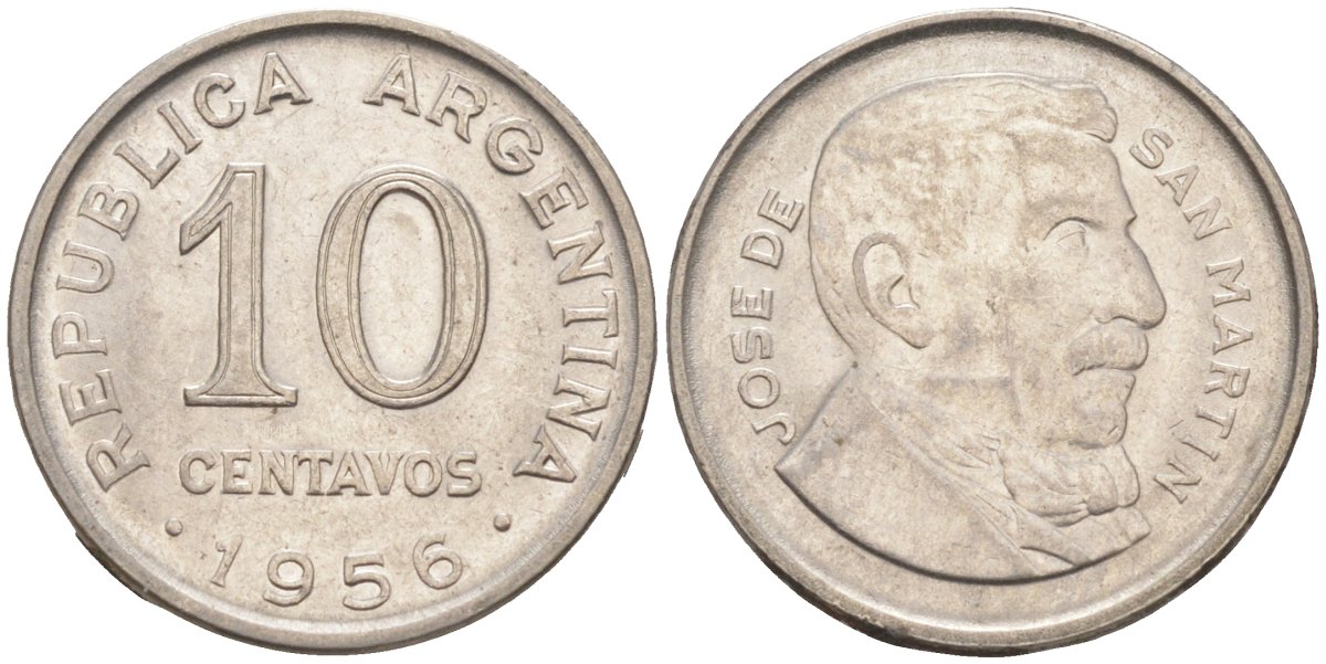 Аргентина 10 сентаво 1956 генерал Хосе де Сан Мартин KM 51 сталь плакированная никелем 187-267