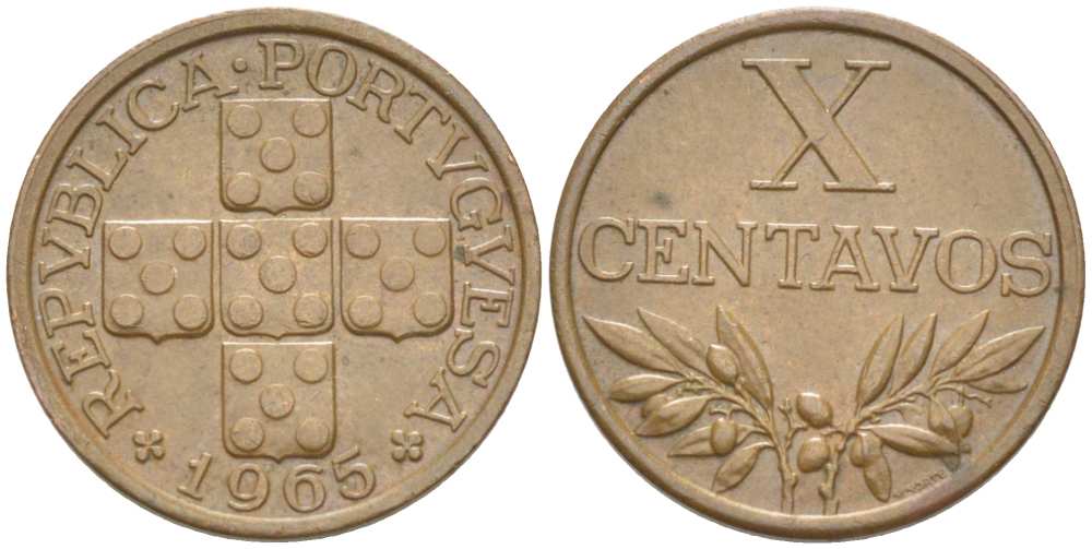 ПОРТУГАЛИЯ 10 СЕНТАВО 1965 KM 583 бронза 4516-368