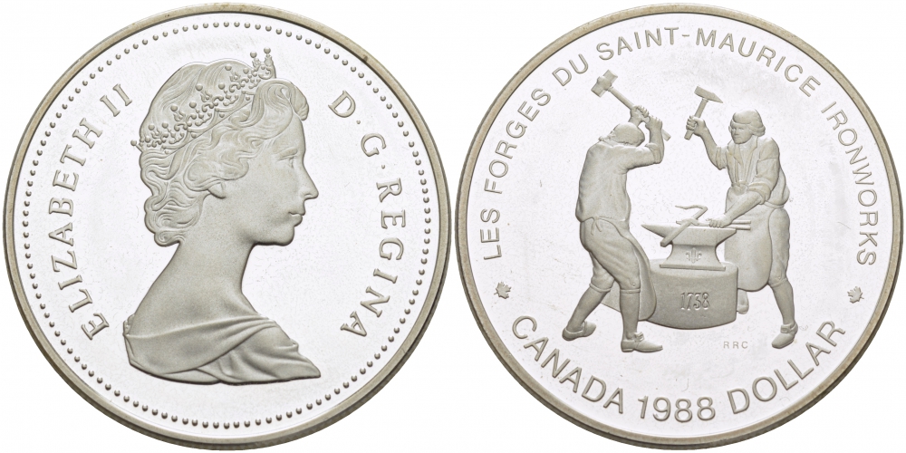 Канада 1 доллар 1988 250 лет кузницам Сен-Мориса, Елизавета II (1952-) KM 161 серебро PROOF 603-1411