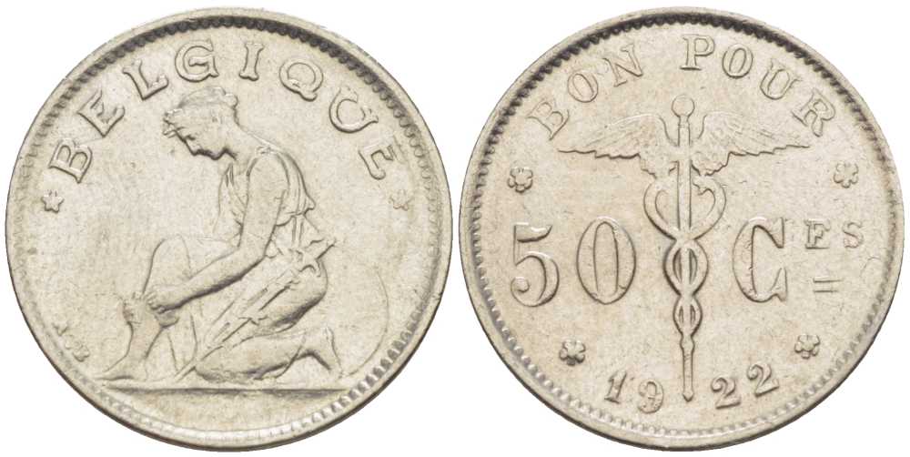 Бельгия 50 сантимов 1922 Belgique, Альберт I (1910-1934) KM 87 никель 206-131