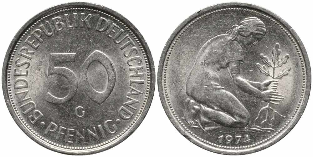 ФРГ 50 ПФЕННИГОВ 1974 G KM 109.1, J. 384 медно-никель 112-164