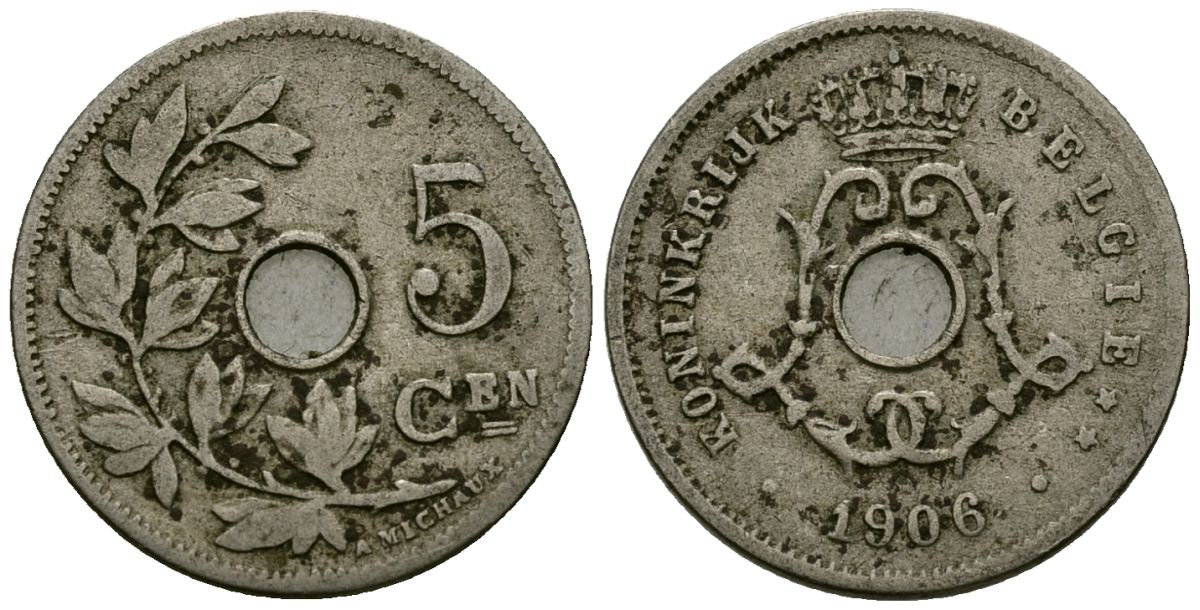 Бельгия 5 сантимов 1906 Belgie, Леопольд II (1865-1909) KM 55 медно-никель 4173-152