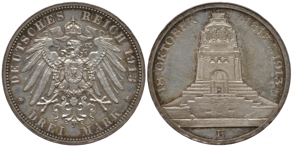 Саксония 3 марки 1913 E, 100-летие победы в битве при Лейпциге (Битве народов) J.140, Weege 136, KM 1275 серебро PROOF 00-812-57