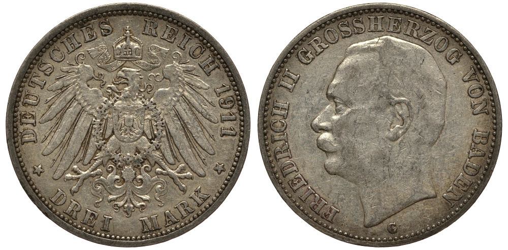 Баден 3 марки 1911 Фридрих II (1907-1918) J. 39, KM 280 серебро    3711-1712