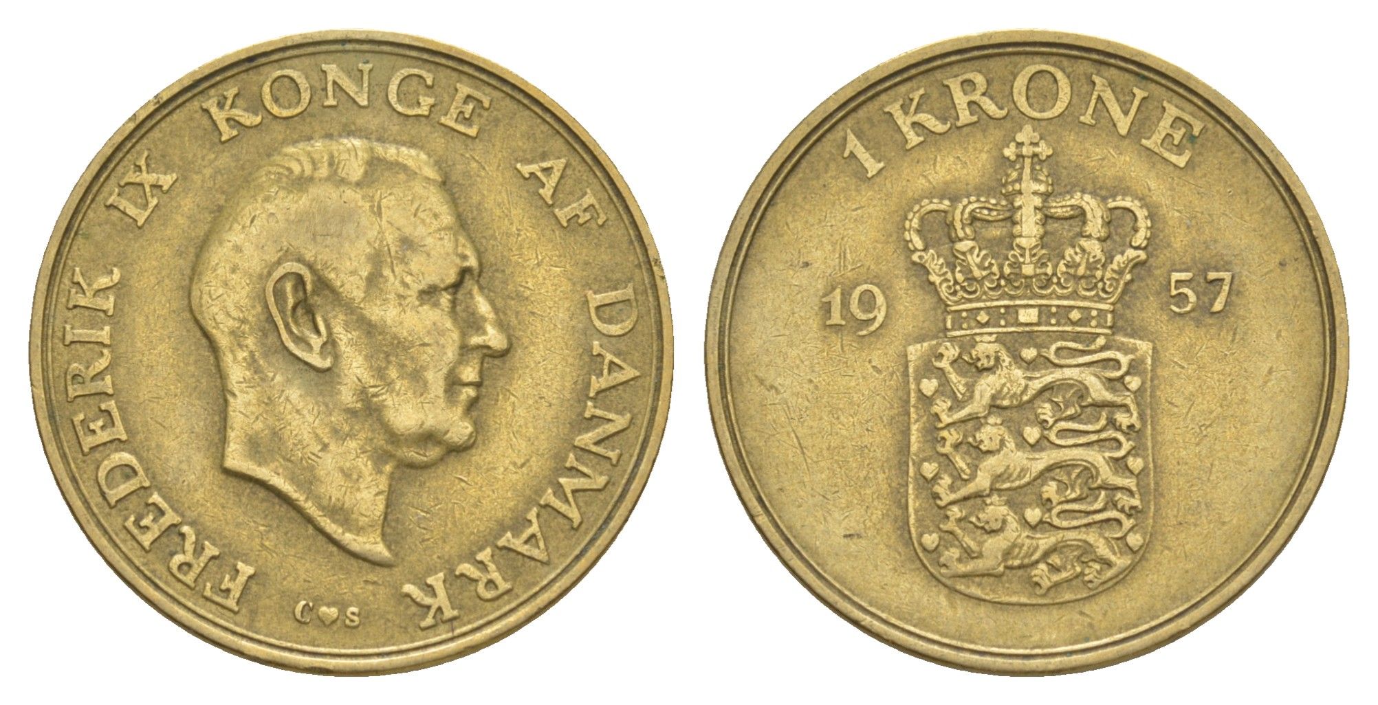 Дания 1 крона 1957 Фредерик IX (1947-1972) KM 837 алюминиевая бронза 4637-224