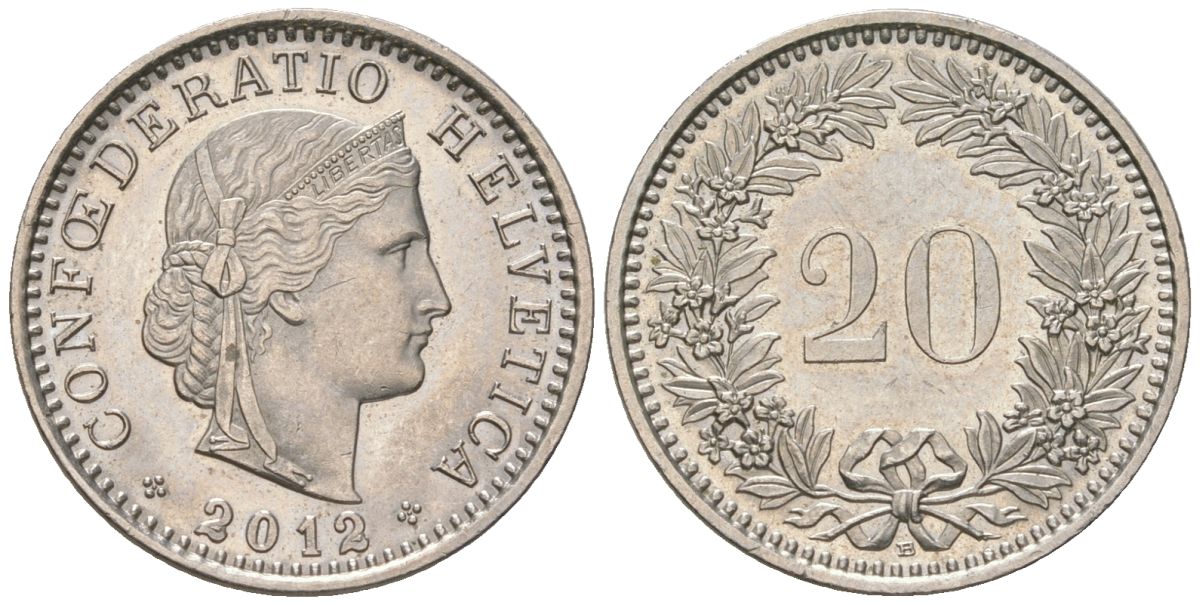 Швейцария 20 раппенов 2012 B KM 29a медно-никель UNC 4549-1124