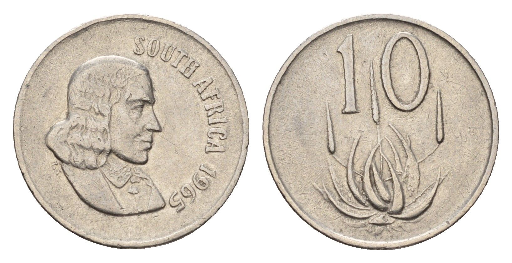 ЮАР 10 центов 1965 Ян ван Рибек (1619-1677), South Africa, легенда на английском, цветок алоэ KM 68.1 медно-никель 4640-1139