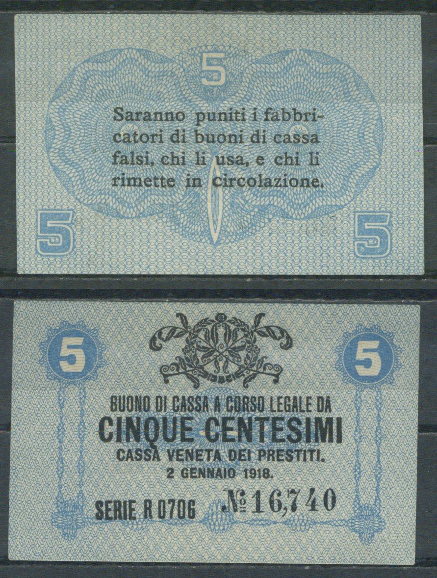 Италия 5 чентезимо 1918 	Венецианский ссудный банк Pick M1 бумага aUNC 7554-1-1-1
