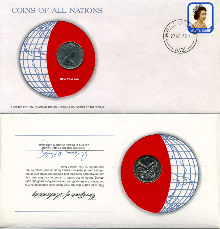Новая Зеландия 10 центов 1978 Елизавета II (1952-2022), маска маори, конверт с маркой первого дня гашения, Coins of Nations KM 41.1 медно-никель UNC 4294-28-1