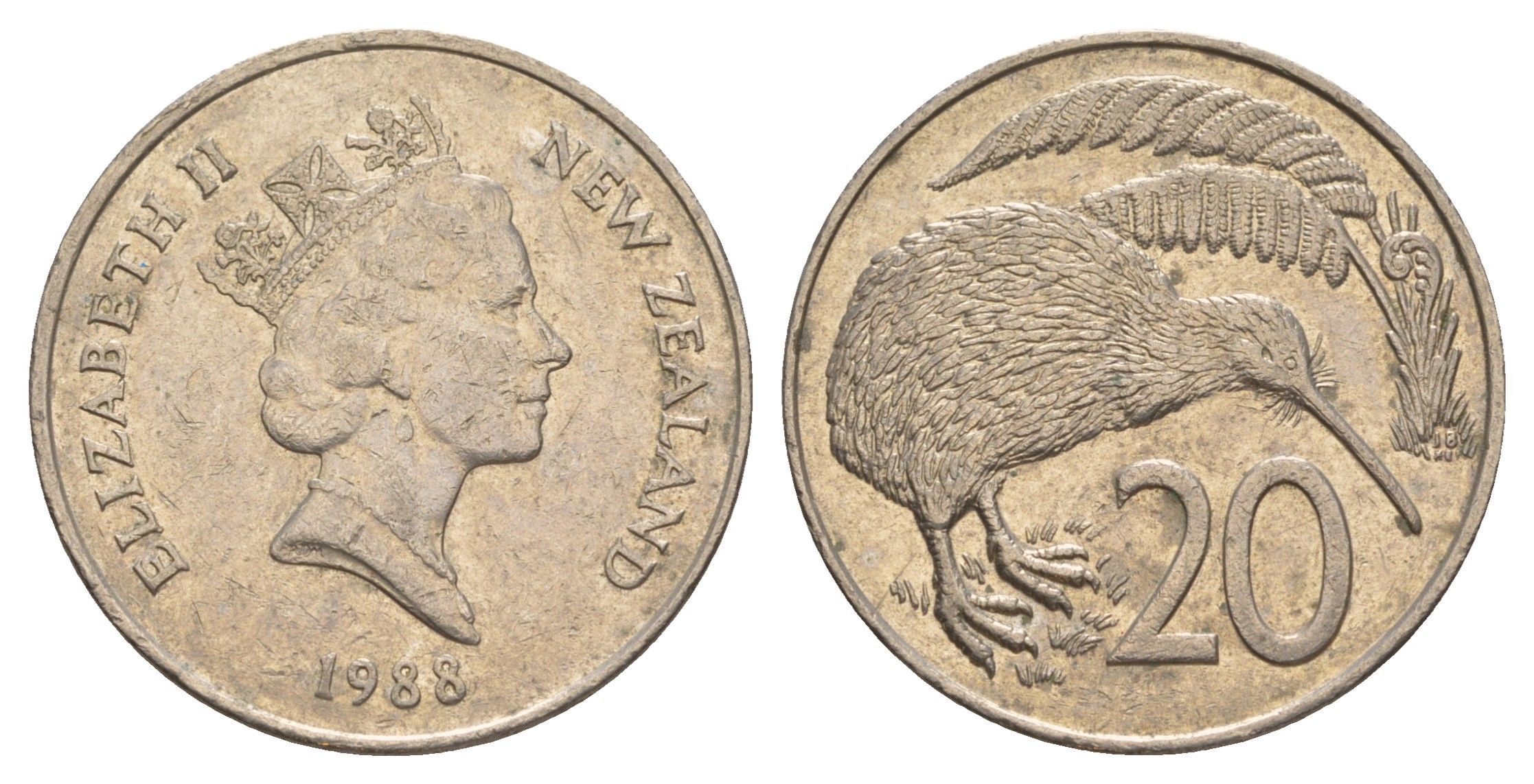 Новая Зеландия 20 центов 1988 Елизавета II (1952-2022), птичка киви KM 62 медно-никель 4187-812