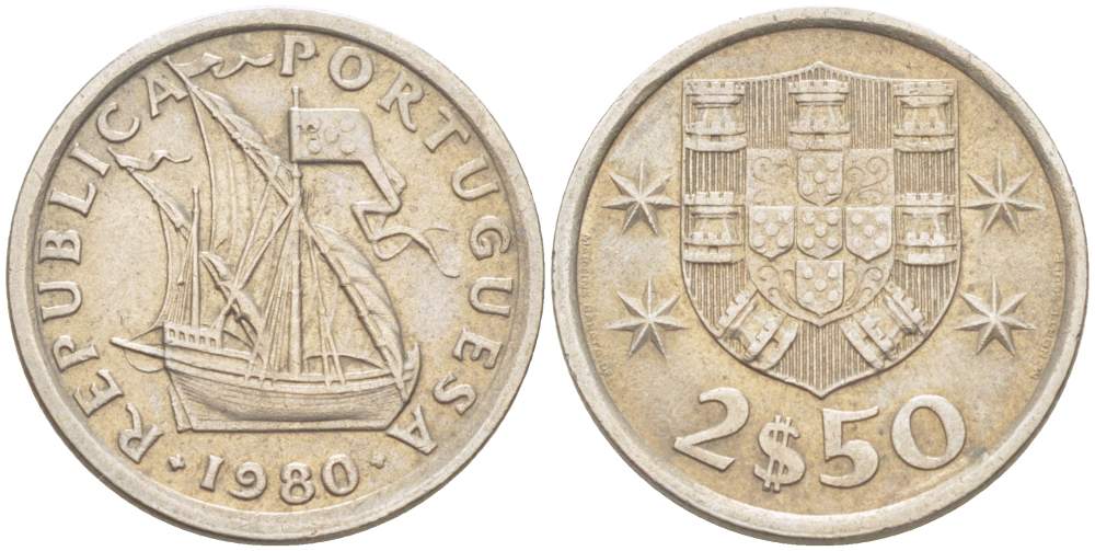 Португалия 2,5 эскудо 1980 парусник KM 590 медно-никель 4523-1112