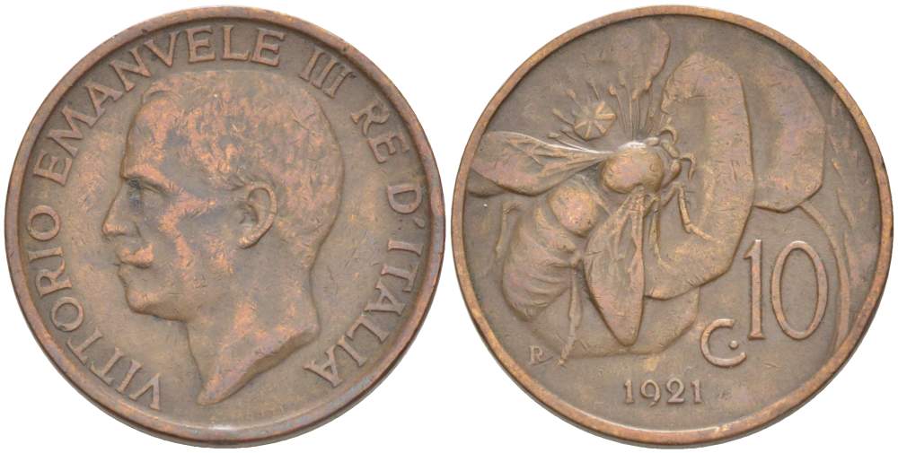 ИТАЛИЯ 10 ЧЕНТЕЗИМО 1921 R, МОНДВОР РИМ, ВИКТОР ЭММАНУИЛ III (1900-1946) KM 60 медь 4525-235