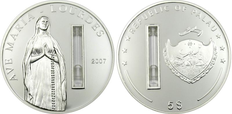 Палау 5 долларов 2007 Лурдес, явление Девы Марии, тираж 5000 экземпляров серебро PROOF 4-5-3-10