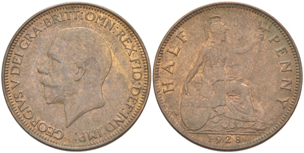 Великобритания 1/2 пенни 1928 Георг V (1910-1936) KM 837, Spink 4058 бронза 4513-543