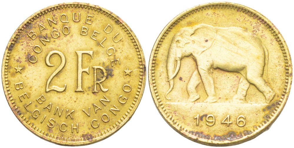 Бельгийское Конго 2 франка 1946 слон KM 28 латунь 4541-1022