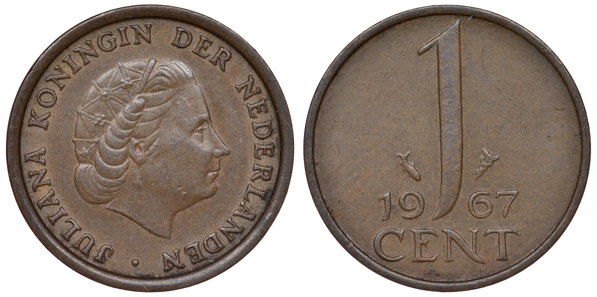 НИДЕРЛАНДЫ 1 ЦЕНТ 1967 ЮЛИАНА KM 180 бронза 71-458