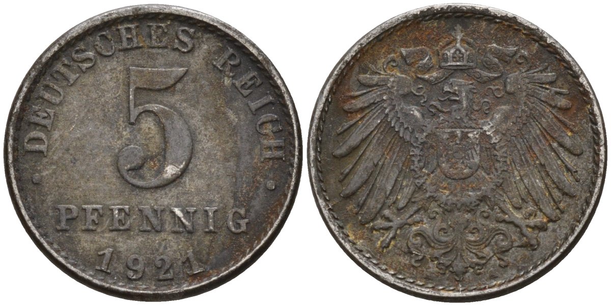 Германия 5 пфеннигов 1921 A KM 19, J. 297 железо 4151-636
