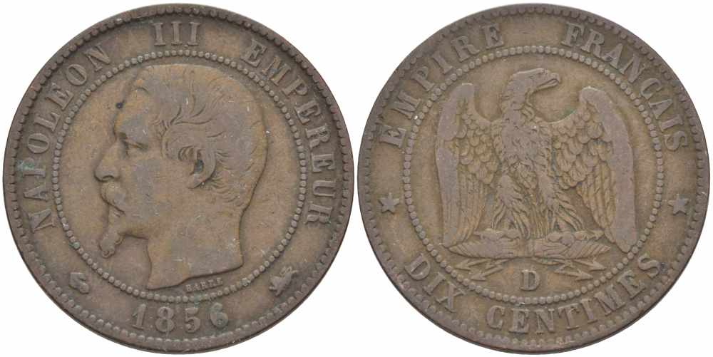 Франция 10 сантимов 1856 D, Наполеон III (1852-1870) KM 771.4, Le Franc 133.35 бронза    4680-621