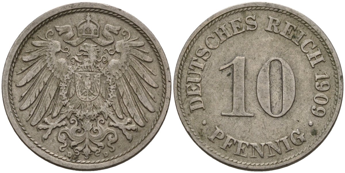 Германия 10 пфеннигов 1909 D KM 12, J. 13 медно-никель 3336-1145