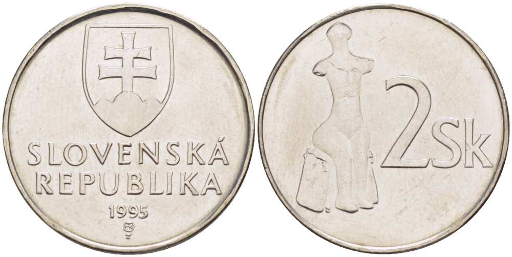 СЛОВАКИЯ 2 КРОНЫ 1995 KM 13 сталь плакированная никелем UNC 4514-757