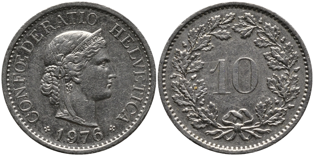 Швейцария 10 раппенов 1976 KM 27 медно-никель 33-253