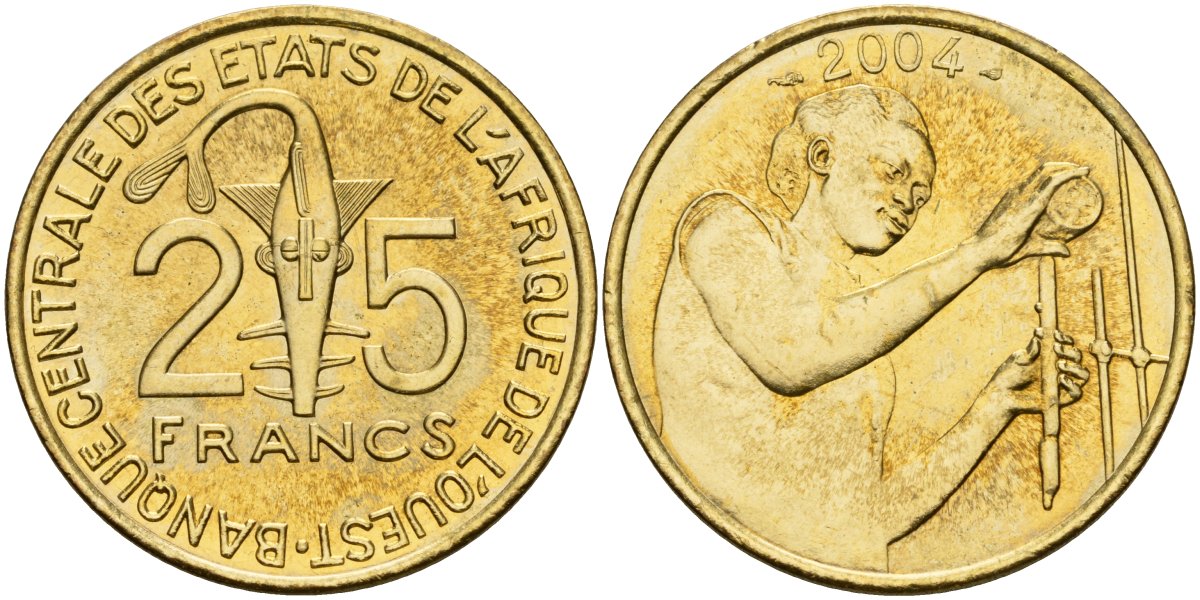 Западная Африка (BCEAO) 25 франков 2004 KM 9 алюминиевая бронза UNC 4185-334