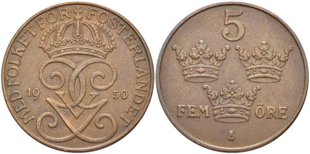 Швеция 5 эре 1950 Густав V (1907-1950) KM 779.2 бронза 115-922